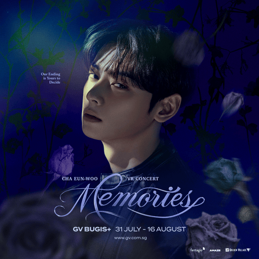 Promotional poster for Cha Eun-woo's VR concert titled 'Memories', featuring a profile image of Cha Eun-woo with dark roses in the background and event details.