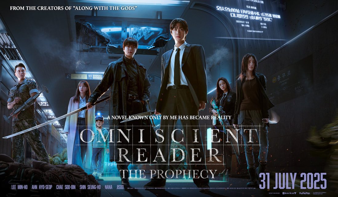 Promotional poster for 'Omniscient Reader: The Prophecy' featuring six characters in a futuristic setting, with the release date of July 31, 2025.