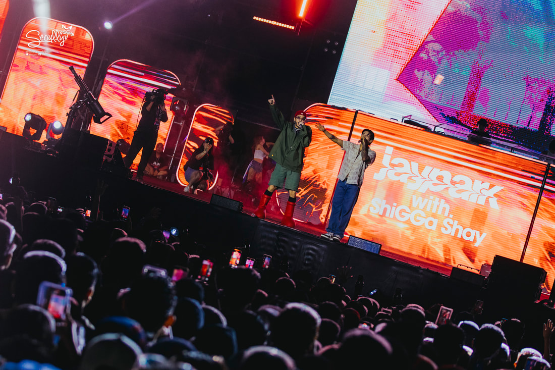 A live performance scene with two artists on stage, one wearing green attire and red boots, the other in casual wear, performing in front of a large crowd. The backdrop displays vibrant graphics and bright lights.