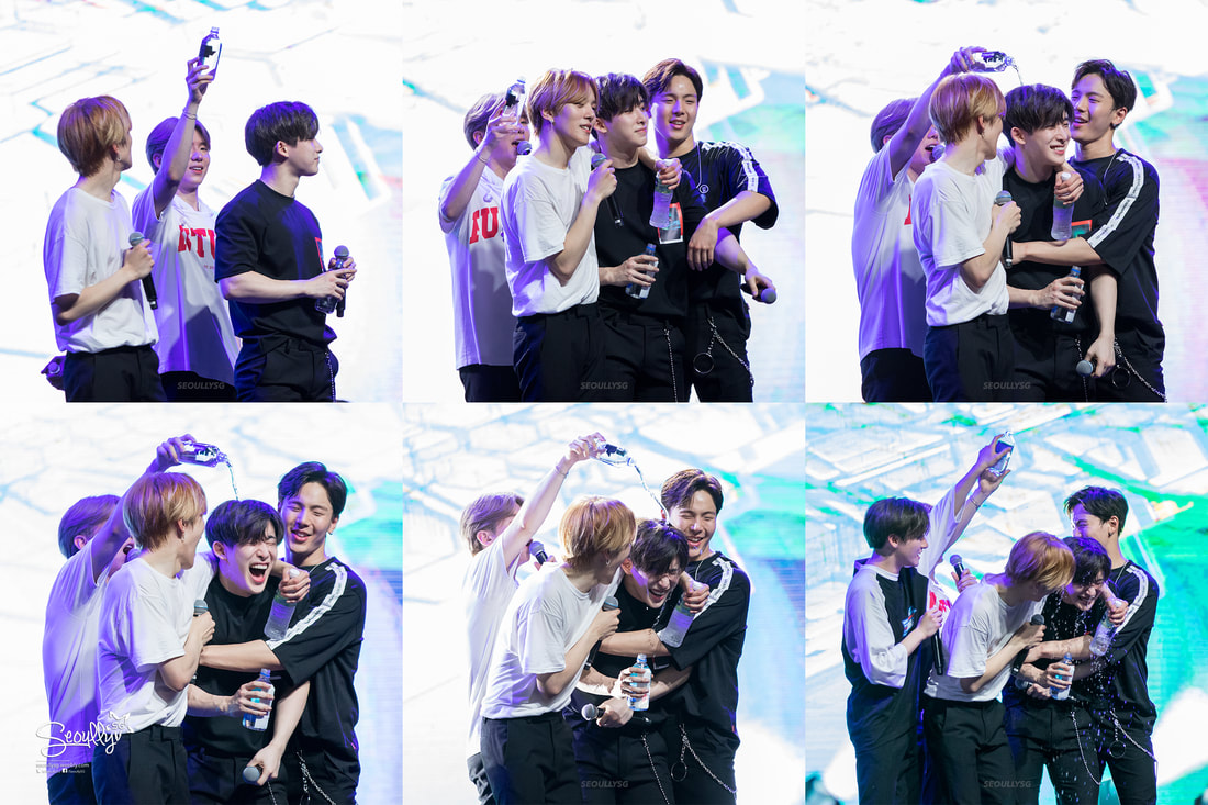 A collage of six images featuring a group of young male performers on stage, playfully interacting with each other. One performer is spraying water while another is laughing. Their expressions convey joy and camaraderie during a lively event.